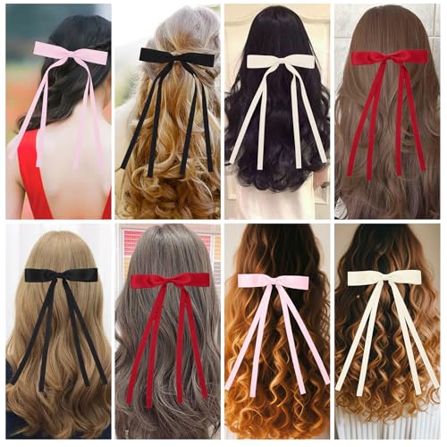 Hair Bows for Women,Ribbon Hair Bows With Long Tail,Hair bow clips Hair Barrettes for Women Accessories (Black, Beige, Pink, Red) - color: Black, Beige, Pink, Red
