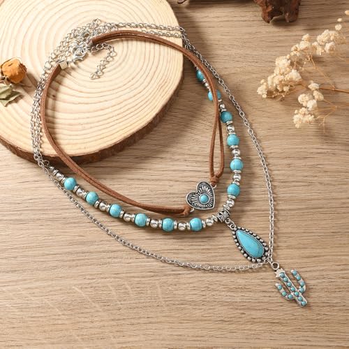 ONLYJUMP Boho Turquoise Leather Choker Necklace for Women Bohemian Handmade Leaf Layered Black Brown Suede Western Cowlady Necklace Western Country Party Jewelry Gifts - style: Cactus
