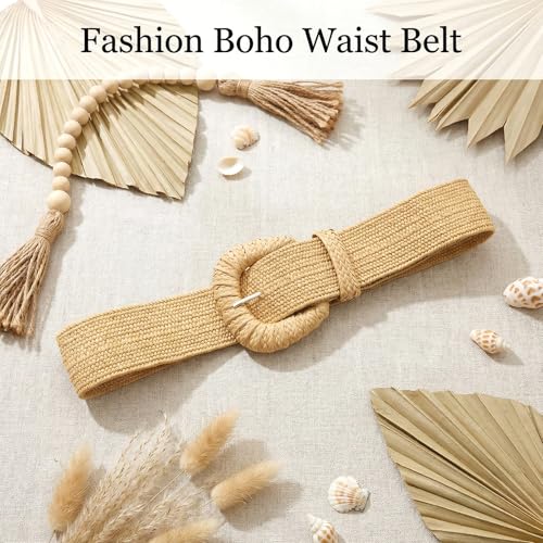 Straw Woven Elastic Belt for Women Stretchy Boho Braided Waist Belt Rattan Belts for Dress