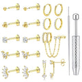 LOLIAS 16G/18G/20G Flat Back Earrings for Women Threadless Surgical Steel Stud Hoop Earrings Push in Nose Studs Hypoallergenic CZ Cartilage Earring Set Labret Helix Tragus Conch Piercing Jewelry - color: 14K Gold, size: 20G(0.8MM)-Heart&Flower