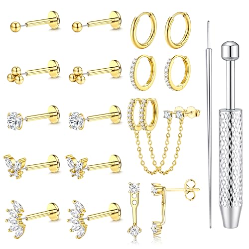 LOLIAS 16G/18G/20G Flat Back Earrings for Women Threadless Surgical Steel Stud Hoop Earrings Push in Nose Studs Hypoallergenic CZ Cartilage Earring Set Labret Helix Tragus Conch Piercing Jewelry - color: 14K Gold, size: 20G(0.8MM)-Heart&Flower