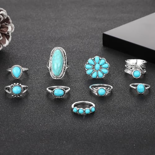 Bohemian Turquoise Ring for Women Stackable Vintage Chunky Boho Turquoise Ring Set Dainty Open Gemstone Knuckle Midi Finger Rings Western Statement Rings Jewelry - style: nine