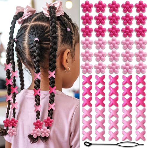 NAISKA 60Pcs Hot Pink Flower Kids Hair Beads Cute Beads for Hair Tiny Hair Beads for Braids Small Pony Dreadlock Beads Loc Beads Acrylic Beads Girls Braid Clips Accessories - color: Pink, Rose Red