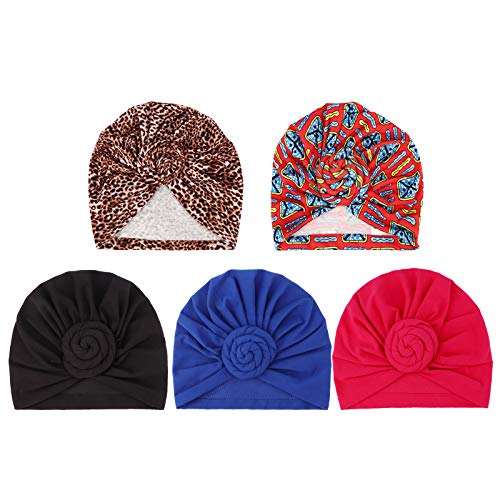 DRESHOW 5 Pack Knotted Headwraps for Women African Turban Pre-Knotted Beanie Headwraps Hair Covers - color: 5 Pack Donuts: 2 Pcs Flower, Black, Royal Blue, Hot Pink
