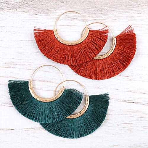 Bohemian Silky Thread Tassel Strand Fringe Statement Hoop Earrings - Lightweight Semi Circle Fan Threader, Mermaid Hoops - color: Halfmoon Tassel Hoops - Teal