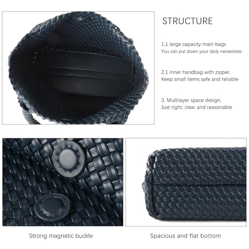 Hand Woven Bag Tote BagS For Women Top Handle Shoulder Vegan Leather Large Travel Beach Hobo Handbag - color: Navy Blue