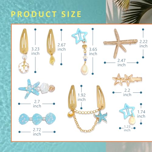 10PCS Blue Starfish Hair Clip Bling Gold Seashell Hair Clips Y2K Summer Beach Shell Hair Accessories for Women and Girls - color: Blue