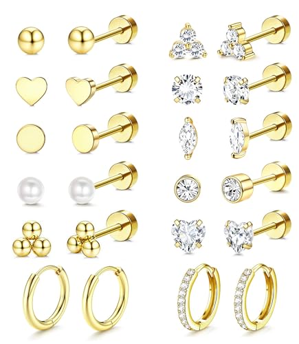 Incaton Hypoallergenic Flat Back Earrings for Women Silver 14K Gold Plated Surgical Stainless Steel Stud Earrings Cubic Zirconia Cartilage Studs Earrings For Multiple Piercing Sensitive Ears - color: B-Gold