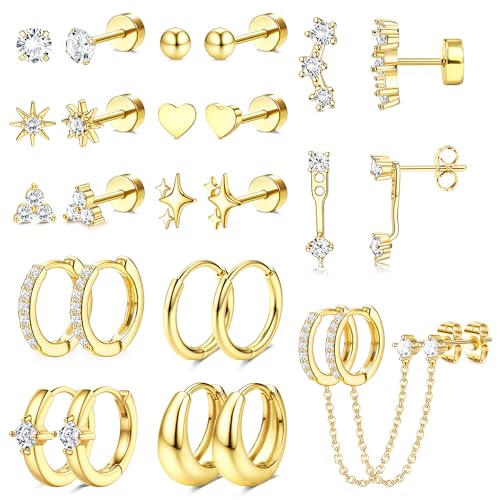 Florideco Flat Back Earrings Hypoallergenic Surgical Steel Earrings for Women Trendy Cartilage Chain Earring 14K Gold Plated Star Heart CZ Flatback Stud Earring Sets for Multiple Piercing - color: Gold