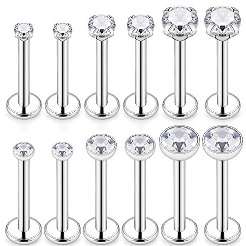 SCERRING 6 Pairs 14G Stainless Steel Clear CZ Internally Threaded Labret Monroe Lip Tragus Cartilage Helix Earring Ring Body Piercing Jewelry 6-10mm - style: 10mm Silver