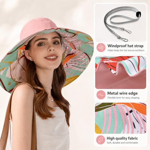 HUAMULAN Women Summer Sun Hat Wide Brim Wired Edge Floral Beach Bucket Hats Reversible Foldable Travel UV Protection Lady Hat - color: Bg8240-pink