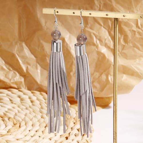 Coiris Boho Leather Layered Tassel Earrings for Women Lightweight Leather Fringe Dangle Earrings Handmade Bohemian Summer Beach Western Drop Earrings for Women - color: Gray