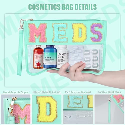 BuyCard Chenille Letter Clear Medicine Bags, Makeup Meds Bags, Preppy Patch Cosmetic Bag with Zipper and Wristlet, Waterproof PU&PVC Toiletry Medicine Storage Case, Portable Travel Drugs Pills Pouch - color: Green-Meds