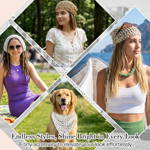 Ababalaya Crochet Cotton Head Scarf Boho Hollow Out Triangle Scarf with Shiny Sequin Y2K Hair Scarf - color: Beige