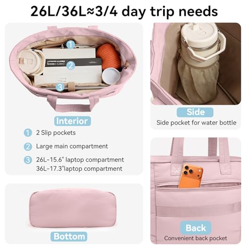 Puffer Tote Bag with Pouch, Women's Lightweight Quilted Shoulder Bag, 15.6"/17.3 Laptop Travel Weekender for Work & Nurses - color: Pink, size: Large