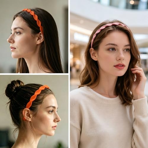 Springtime 6pcs Thin Wavy Plastic Headbands for Girls Women,Non Slip Teeth Headbands, Scalloped Design, Matte Flexible Hair Hoops, Comfort Solid Color Hair Accessories for Daily Wear - color: Bright color