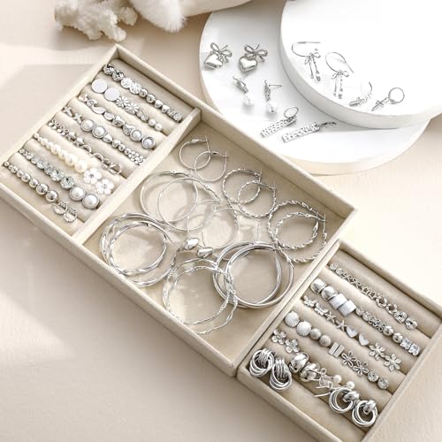 75 Pairs Gold Stud Earrings Set for Women, Trendy Hypoallergenic Pearl Cubic Zirconia Multiple Piercings Earrings Packs, Stud Hoops Earrings for Gift Jewelry - color: silver stud