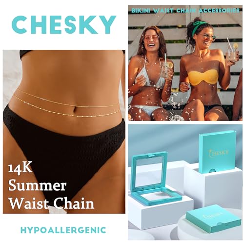 CHESKY 14K Gold Plated Silver Plated Waist Chain for Women, Layered Belly Belt Chains Beach Waist Beads Chain Waterproof Snake Cuban Body Chain Summer Jewelry Accessories for Women - style: thinchain-gd