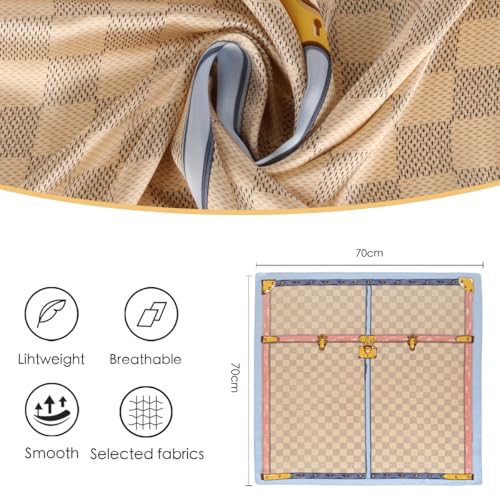 Relang Fashion Silk Satin Head Scarf for Women Hair Bandana Hair Scarf Wrap Neck Scarf for Women 27.5×27.5 inches - color: Beige Plaid With Blue Trim