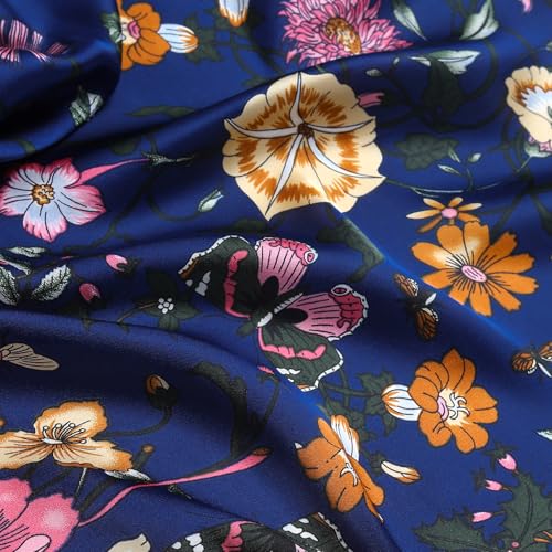 Stlvoll 27.5" Silk Neck Scarf of Women's Fashion Head Scarf Square Neck Satin Scarfs for Bag Hair Scarves Gift - color: Flower/Navy Blue