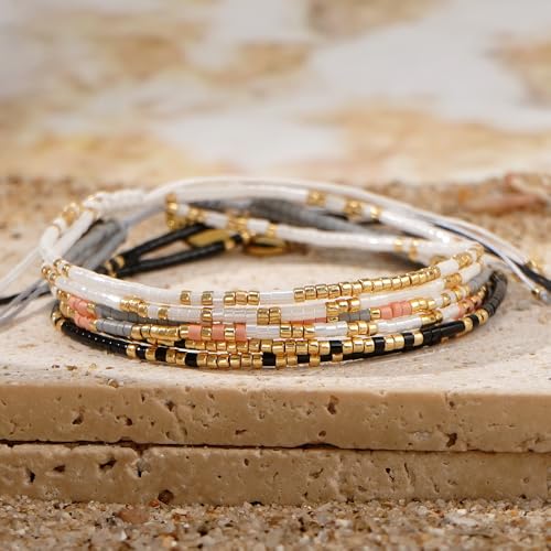 Boho Beaded Strand Friendship Bracelets set for Women,Adjustable Dainty Handmade Stackable White Gray Black 3PCS Couples String Rope Bracelet Bohemia Jewelry Gift