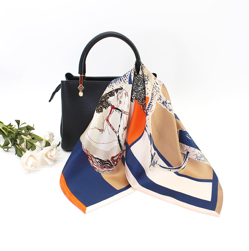 ANDANTINO 100% Mulberry Silk Scarf -21” Square Neckerchief with Gift Packed - color: Horse-navy&orange