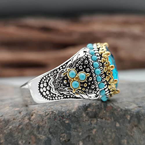 SUKKCCNO Vintage Turquoise Blue Crystal Ring for Men 14K Gold Plated Luxury Sapphire Surround Round Cut Synthetic-Turquoise Silver Plated Ring Turkish Handmade Engrave Jewelry Gift 7 - size: 7