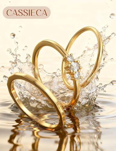 CASSIECA Non Tarnish 14K Gold Plated Stackable Rings for Women Cubic Zirconia Band Rings Set Dainty Trendy Statement Engagement Promise Stacking Ring Size 5-10 - color: 14K Gold Plated