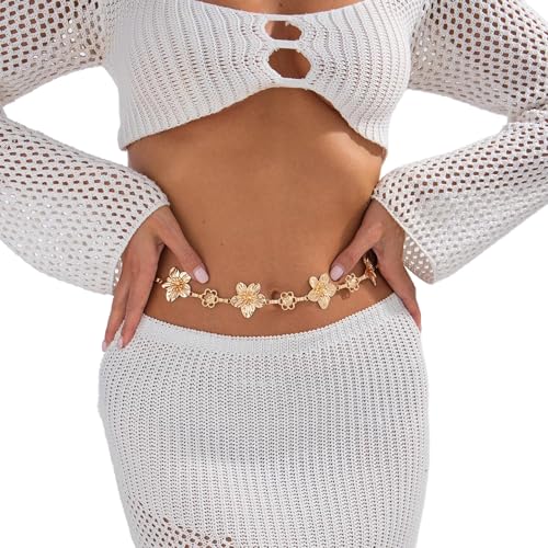 Simple Adjustable Flower Waist Belt,Gold Floral Waist Chain Belt Bikini Body Chains Jewelry Summer Beach Belly Chain Jewelry for Women
