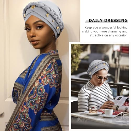 African Women Turban Caps Pre-Tied Twisted Turbans Head Scarf for Women Hair Wraps Cover Beanie Cancer Chemo Headwear - color: 1 Pack Twisted Braid: Gold Bead Light Grey
