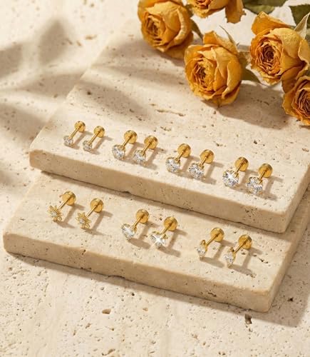 Incaton Hypoallergenic Flat Back Earrings for Women Silver 14K Gold Plated Surgical Stainless Steel Stud Earrings Cubic Zirconia Cartilage Studs Earrings For Multiple Piercing Sensitive Ears - color: GOLD