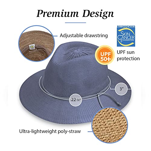 Wallaroo Hat Company Women's Victoria Fedora – UPF 50+ UV Protection, Wide Brim, Packable & Adjustable Sun Hat - color: Dusty Blue, size: Medium