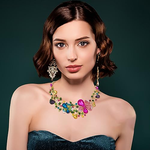 SUPERFINDINGS 2Pcs Crystal Flower Necklace Earrings Set Wedding Brides Jewelry Sets Rhinestone Bib Statement Necklace Fashion Flower Dangle Stud Earrings Prom Party Jewelry for Woman
