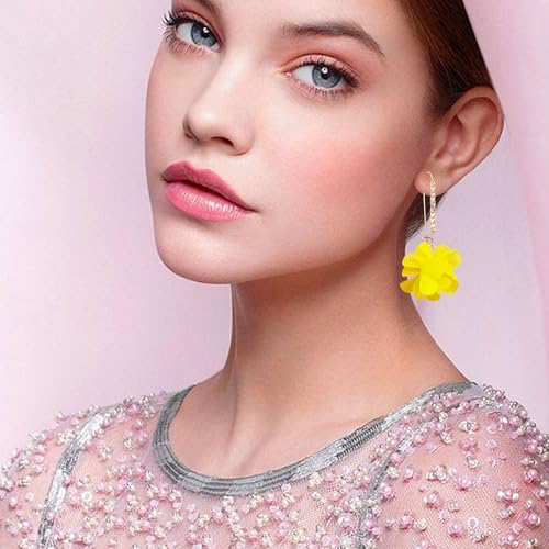 Boho Flower Dangle Earrings for Women Long Drop Resin Acrylic Tiered Petal Statement Earrings Handmade Lightweight Vintage Floral Chunky Drop Jewelry - color: Yellow