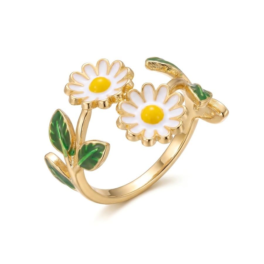 Caiyao 2Pcs Adjustable Sunflower Open Cuff Bangle Bracelets Ring Gold Tone Enamel Daisy Flower Floral Upper Arm Armband Bracelet for Women Boho Summer Inspired Floral Jewelry Gifts - style: StyleB
