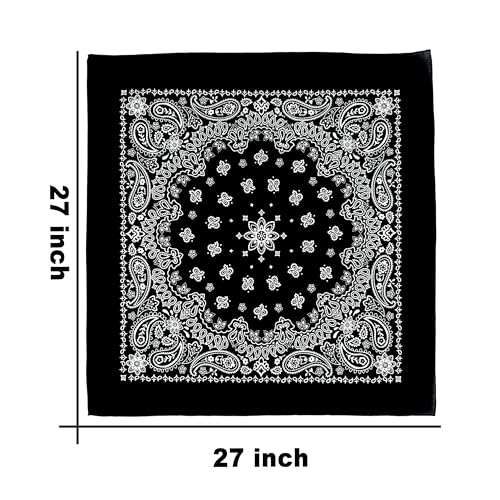 Junvena 27 Inch Extra Large Bandana 100% Cotton,Soft Thin Breathable Headband for Men Women, Solid & Paisley - color: Black Paisley 3 Pack