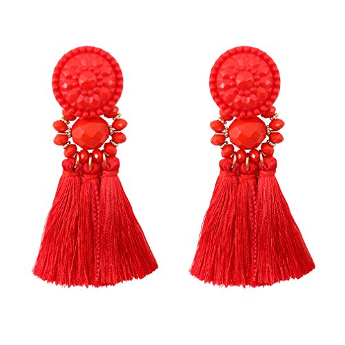 boderier Bohemian Statement Thread Tassel Chandelier Drop Dangle Earrings with Cassandra Button Stud - color: Red