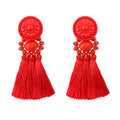 boderier Bohemian Statement Thread Tassel Chandelier Drop Dangle Earrings with Cassandra Button Stud - color: Red