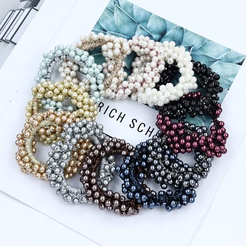 Dizila 12 Pack Stretchy Bling Glitter Sparkly Pearl Hair Ties Scrunchies Beaded Hair Elastics Decorative Thin Thick Hair Ponytail Holders Bracelet Hair Ropes Bands Beautiful Accessories for Women Girl
