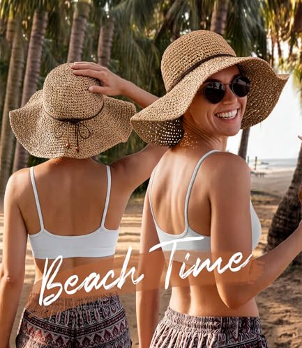 Hat Hut Floppy Beach Hat Crochet Straw Sun Hats for Women Wide Brim Handmade Summer Travel Hat Foldable Packable (US, Alpha, One Size, Khaki)