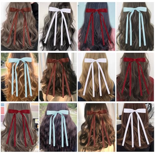 WORTL Hair Bows Clips Coquette Ribbon Bowknot with Long Tail Princess Hair Bows French Barrettes Hair Accessories for Women Girls 16PCS (Wine Red, White, Aquamarine, Brown) - color: Wine Red, White, Aquamarine, Brown