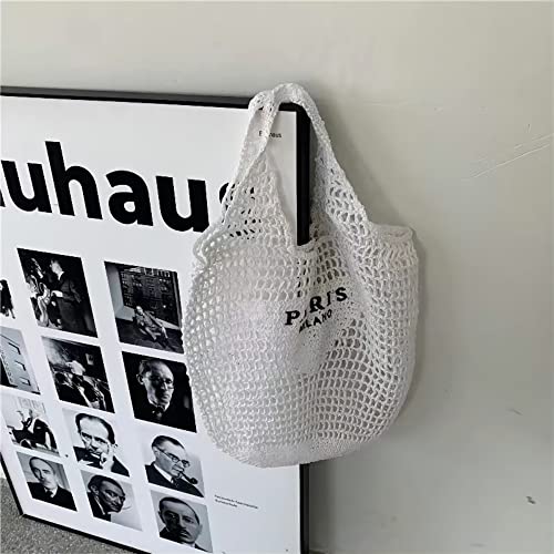 POOOPSSD New Woven Bag, Straw Mesh Tote Bag, Beach, Shoulder Bag, Hobo Women, Foldable Large Capacity, for Holiday. - color: White