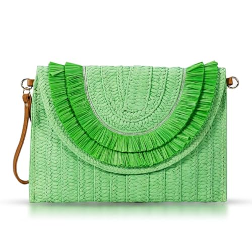 Crossbody Bags for Women, Straw Clutch Purses, Bohemian Handmade Woven Envelope Package, Tassel Handbags for Women | Bohemian - color: Green