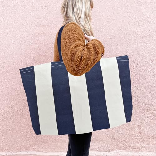 Large Canvas Tote Bag-Extra Big Shopping Beach Totes Bags Reusable Largest Grocery Plain Solid Bag 28"x8"x16" - color: Blue White Stripe