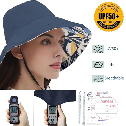 vidsel Womens Sun Hats Wide Brim Reversible Bucket Cotton Hat Packable Summer Travel Cap with Hat Clip,UV Protection - color: Navy Blue2, size: Medium