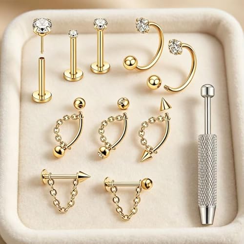 CHARMONLINEVertical Labret Lip Piercing Jewelry with Chain, Top Push in Threadless Flat Back Stud 20G Small Thin Half Hoop Ear Piercing 316L Surgical Steel Ear Piercing Cartilage Earrings Lip Eyebrow Helix Ear Piercing Jewelry with Changing Tool - color: