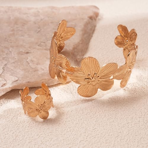 Boho Open Bracelet Ring Set for Women Black and Gold Jewelry Set Oval Cuff Bracelet Adjustable Ring Vintage Jewelry - style: V-Gold