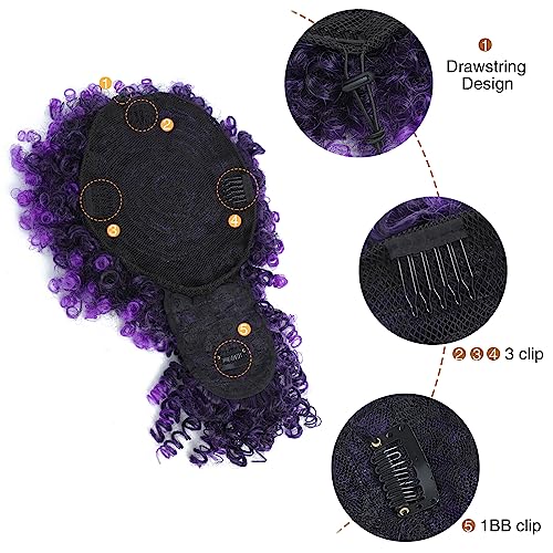 Drawstring Ponytail with Bangs Afro Puff Ponytail Extensions for Women Short Curly Puff Ponytail with Bangs Clip in Wrap Updo Hairpiece(Tpurple) - color: Tpurple