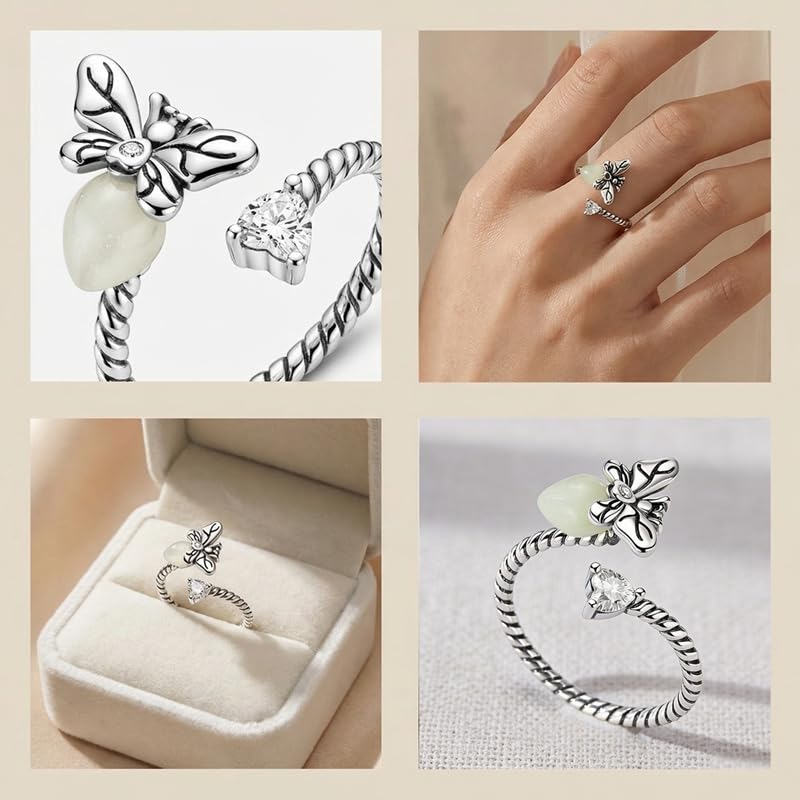 PARCOM Adjustable Women Stackable Ring, 925 Sterling Silver Open Rings - Trendy Eternity Cubic Zirconia Stackable Band Engagement Promise Ring for Her, Hypoallergenic Non Tarnish Nature Bird Floral Thumb Rings - color: Glow-in-the-Dark Firefly