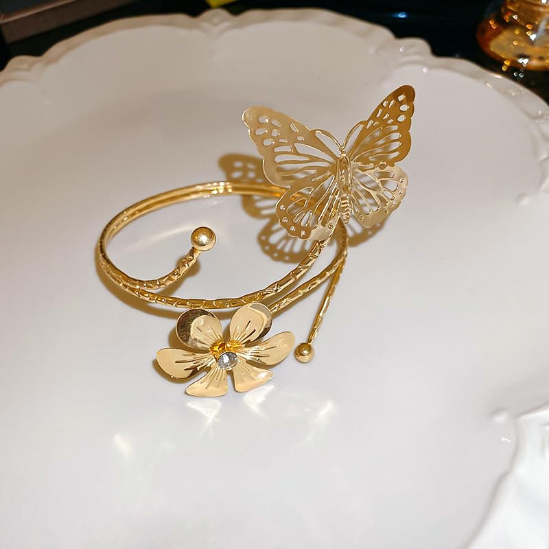 Arm Cuff, Upper Arm Band Cuff Bracelet, Gold Silver Boho Adjustable Flower Butterfly Cuff Set Birthday Friendship Gift Holiday Beach Women's Jewelry-8